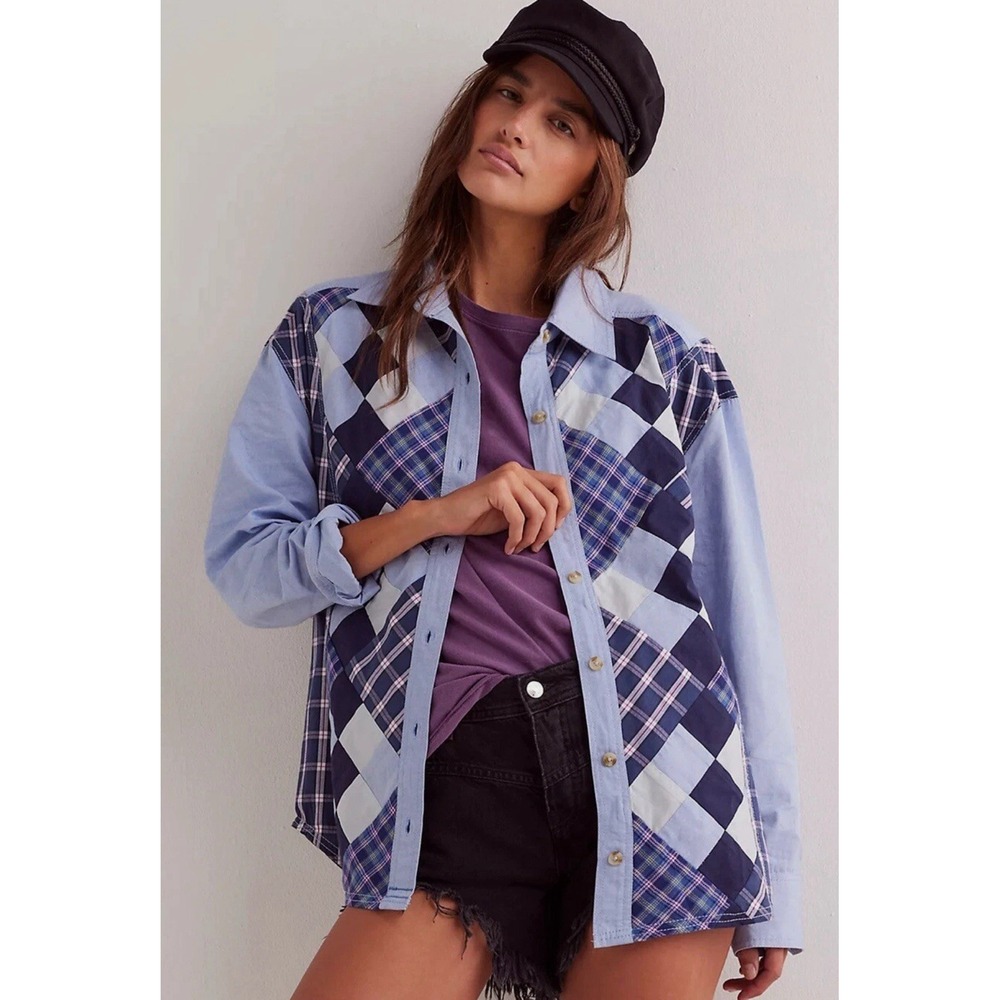 Free People Blue and Purple Patchwork Button-Down Shirt